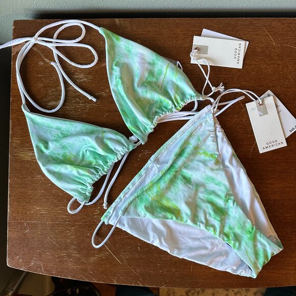 GOOD AMERICAN Tiny Ties Bikini Set | Green & White Marble | 5 top 3 bottom - Picture 2 of 8